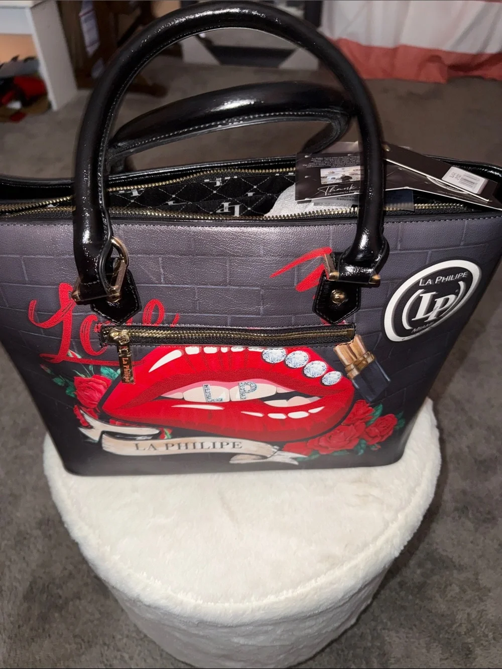 Black Tote with Red Lip Print and Matching Wallet